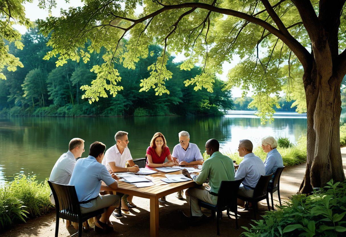 A serene riverside scene featuring a diverse group of happy people engaging with a friendly tax consultant at an outdoor table, surrounded by lush greenery and flowing water. The atmosphere exudes a sense of community and support, with tax documents and calculators on the table, depicting ease and understanding in taxation. Bright sunlight filters through the trees, highlighting the joy of finding local tax services. super-realistic. vibrant colors. 3D.