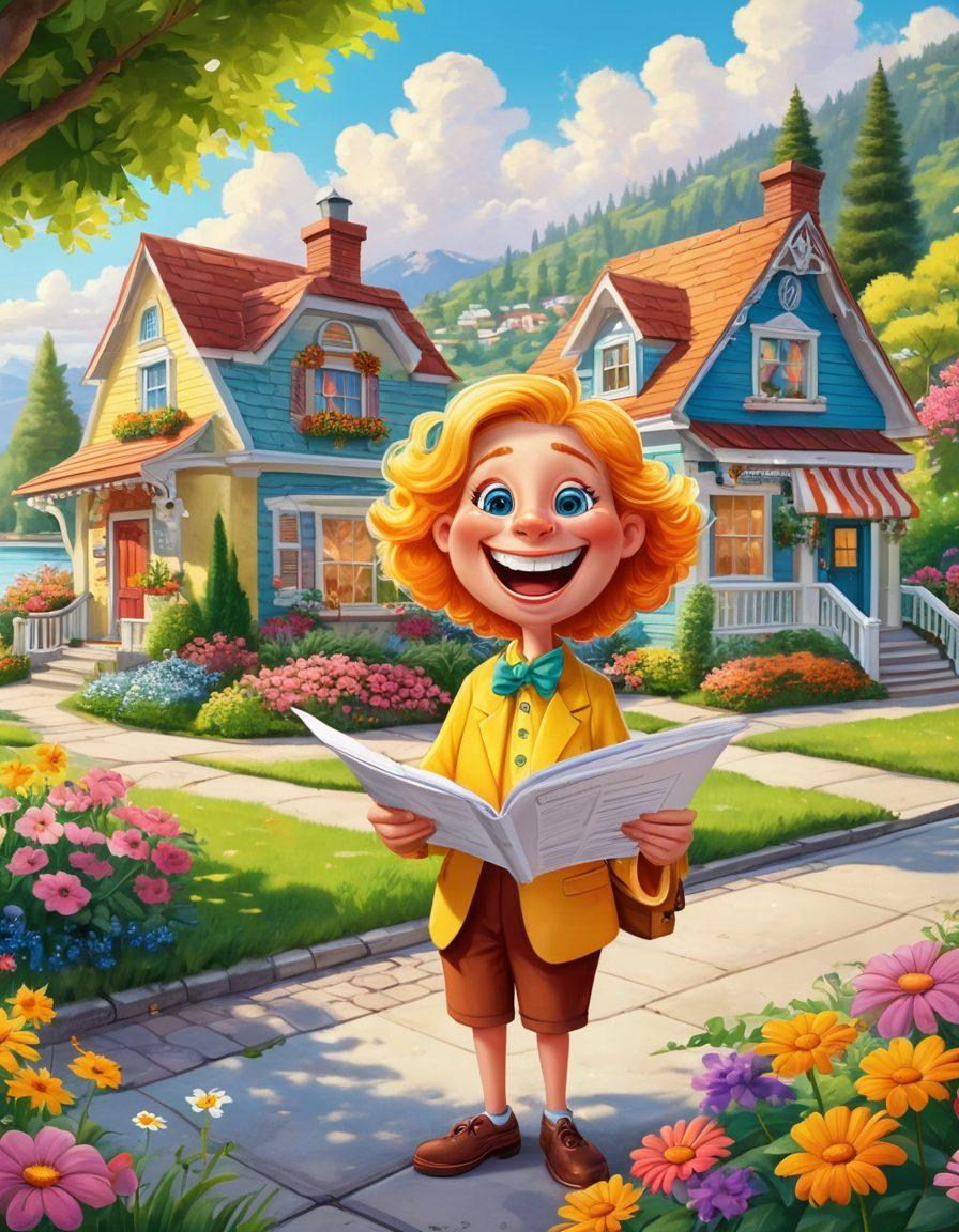 A whimsical illustration depicting a jovial character joyfully reviewing property tax documents under a sunny sky, surrounded by cheerful flowers and smiling dollar signs. In the background, a picturesque riverside with lush greenery and playful cartoon houses. The character wears bright colors, exuding positivity and optimism about taxes. cartoon art. vibrant colors. cheerful atmosphere.