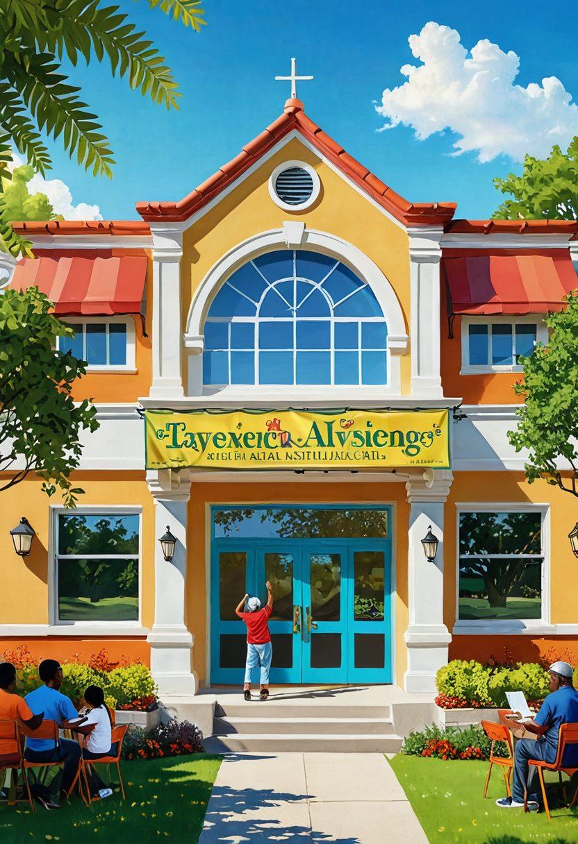 A cheerful community center in Riverside bustling with residents engaging in financial workshops, surrounded by vibrant banners promoting taxpayer assistance. Brightly colored characters of diverse ages happily interacting with friendly financial advisors. Lush greenery in the background with sunny weather, symbolizing hope and empowerment. Cartoon style with a splash of whimsy to evoke joy and a sense of community. vibrant colors. cartoon style.